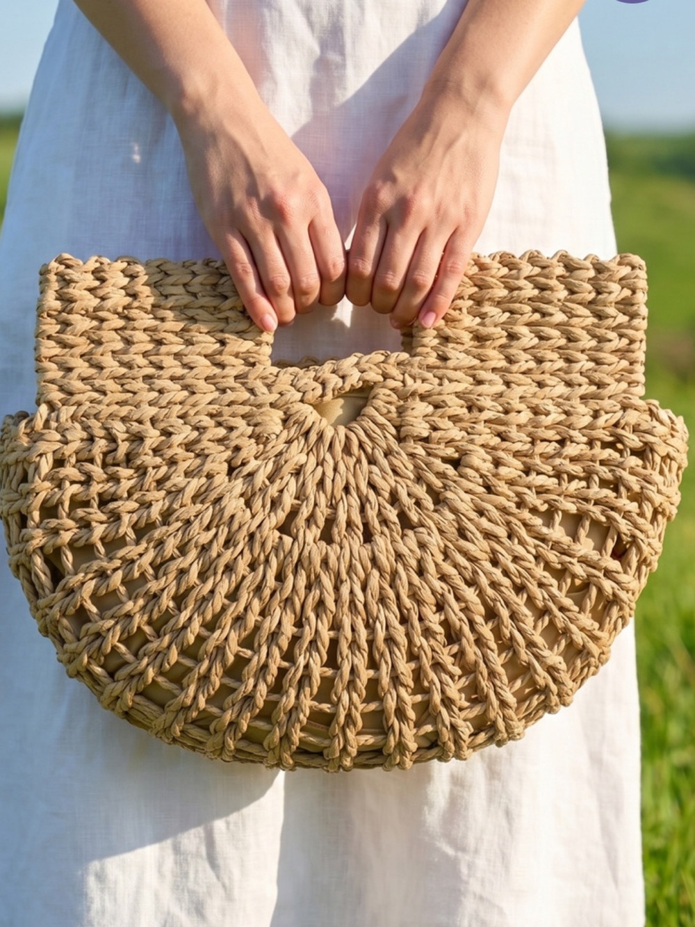 Woven Half-Moon Straw Crossbody Bag - Natural Tan